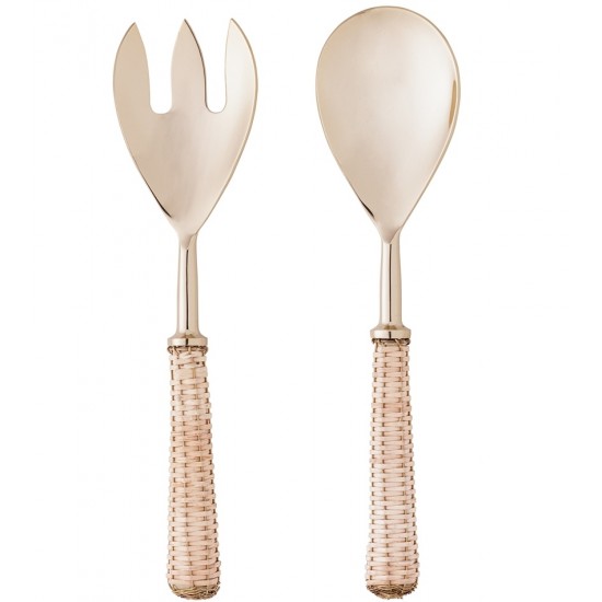 Jogo 2 Talheres Para Salada de Aço Inox Com Cabo de Rattan Dourado